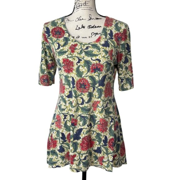 Peruvian Connection Floral Tunic Top Green Red Soft Stretch Womens Size S - Picture 2 of 7
